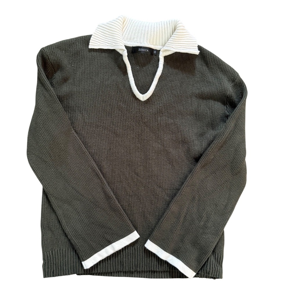 Zesica Ribbed Knit Polo Sweater Olive Green White Trim V-Neck Long Sleeve Small